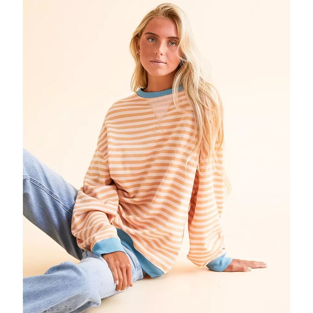 Free People Classic Striped Oversized Crewneck Peach Yellow, Medium (D1)